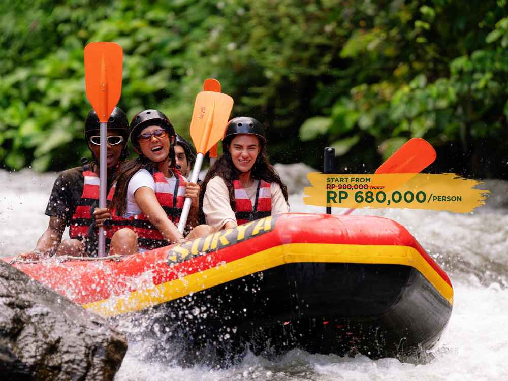 Guests enjoying a thrilling white water river rafting adventure in Ubud, Bali with Surya Bintang Adventures.